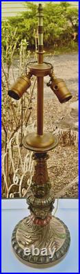 ARMOR BRONZE Art Nouveau Victorian Lamp Base 4 Slag Tiffany Style Glass Shade GC