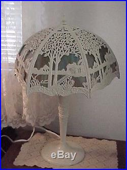 Arts&crafts ML Co. 233 Miller Slag Glass Lamp, Sky House Tree Scene, Polychromed