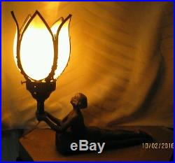 Art Deco Nouveau Nude Lady Lamp Slag Glass Shade Bronze Spelter Figural Woman #1