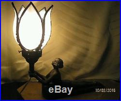 Art Deco Nouveau Nude Lady Lamp Slag Glass Shade Bronze Spelter Figural Woman #1