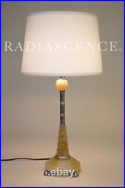 ART DECO STREAMLINE CHROME HOUZE AGATE URANIUM MARBLE SLAG GLASS TABLE LAMP 30's