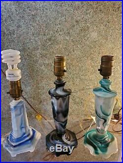 ART Deco Bright Sky Blue Glass Akro Agate slag Table radio Lamp 30s Houzex Houze