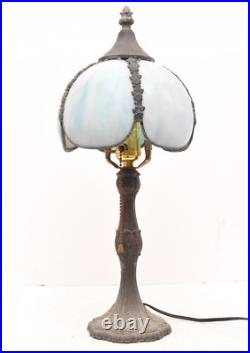 ATQ Vintage CURVED SLAG STAINED GLASS BLUE boudoir LAMP 5 Panel Art Deco Nouveau
