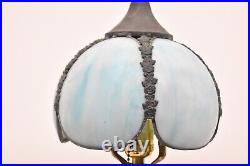 ATQ Vintage CURVED SLAG STAINED GLASS BLUE boudoir LAMP 5 Panel Art Deco Nouveau