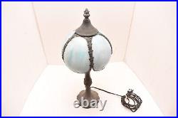 ATQ Vintage CURVED SLAG STAINED GLASS BLUE boudoir LAMP 5 Panel Art Deco Nouveau