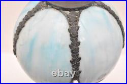 ATQ Vintage CURVED SLAG STAINED GLASS BLUE boudoir LAMP 5 Panel Art Deco Nouveau