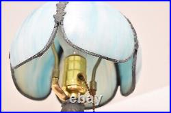 ATQ Vintage CURVED SLAG STAINED GLASS BLUE boudoir LAMP 5 Panel Art Deco Nouveau