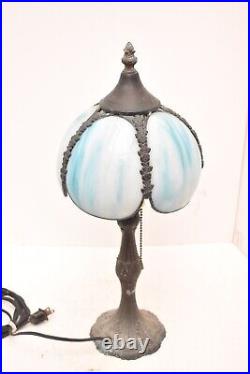 ATQ Vintage CURVED SLAG STAINED GLASS BLUE boudoir LAMP 5 Panel Art Deco Nouveau