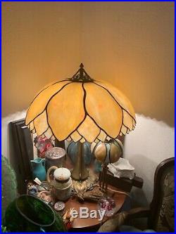 AUTHENTIC Signed HANDEL Huge Caramel Slag Glass Palm Leaf Lamp Arts and Crafts