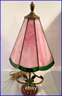 Accent Lamp withMetal Flowers withOriginal Paint 8 panel Slag Glass Shade #4966