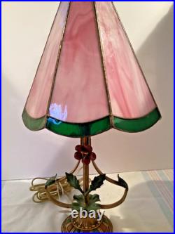 Accent Lamp withMetal Flowers withOriginal Paint 8 panel Slag Glass Shade #4966