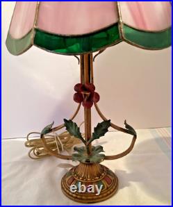 Accent Lamp withMetal Flowers withOriginal Paint 8 panel Slag Glass Shade #4966