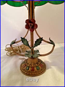 Accent Lamp withMetal Flowers withOriginal Paint 8 panel Slag Glass Shade #4966