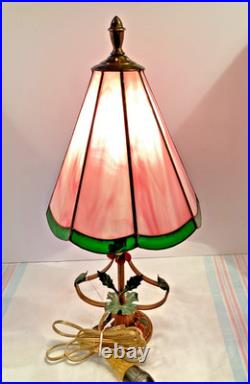 Accent Lamp withMetal Flowers withOriginal Paint 8 panel Slag Glass Shade #4966
