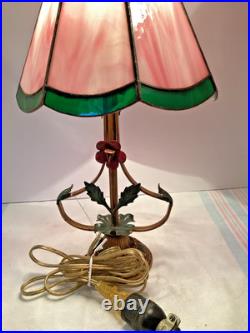 Accent Lamp withMetal Flowers withOriginal Paint 8 panel Slag Glass Shade #4966
