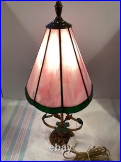 Accent Lamp withMetal Flowers withOriginal Paint 8 panel Slag Glass Shade #4966