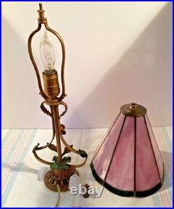Accent Lamp withMetal Flowers withOriginal Paint 8 panel Slag Glass Shade #4966