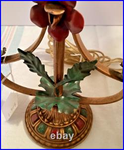 Accent Lamp withMetal Flowers withOriginal Paint 8 panel Slag Glass Shade #4966