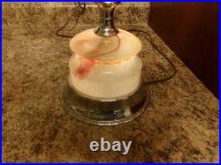 Akro Agate Slag Glass & Chrome Table Lamp 3 Way Switch Shade Holder W. Finial