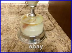 Akro Agate Slag Glass & Chrome Table Lamp 3 Way Switch Shade Holder W. Finial Akro Agate Slag Glass & Chrome Table Lamp 3 Way Switch Shade Holder W. Finial