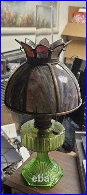 Aladdin Model B Cathedral Oil Lamp Green Depression Glass With Slag Shade