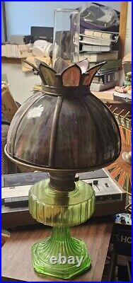 Aladdin Model B Cathedral Oil Lamp Green Depression Glass With Slag Shade