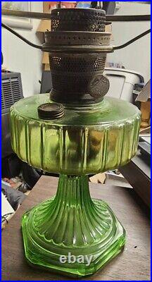 Aladdin Model B Cathedral Oil Lamp Green Depression Glass With Slag Shade