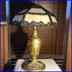 Amazing Antique 22 Urn Swag Style Stained Slag Glass Table Lamp