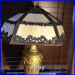 Amazing Antique 22 Urn Swag Style Stained Slag Glass Table Lamp