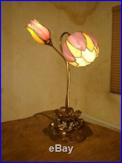 Amazing Pair 2 Lights Antique Stained Slag Glass Tulip Lamp