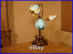 Amazing Unusual 3 Lights Antique Stained Slag Glass Tulip Lamp