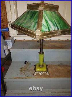 An antique Arts & Crafts Lamp withGlowing Green Slag Glass Shade