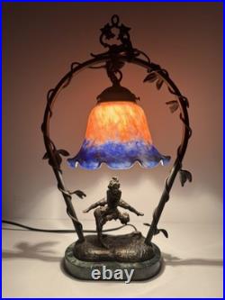 Andrea by Sadek Art Nouveau Figural Lamp Blue Orange Slag Glass Shade