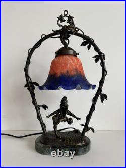 Andrea by Sadek Art Nouveau Figural Lamp Blue Orange Slag Glass Shade