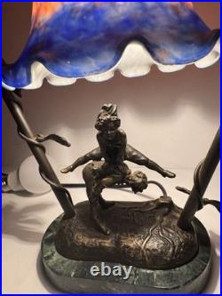 Andrea by Sadek Art Nouveau Figural Lamp Blue Orange Slag Glass Shade