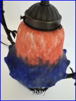 Andrea by Sadek Art Nouveau Figural Lamp Blue Orange Slag Glass Shade