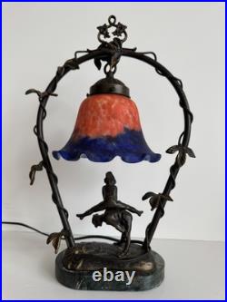 Andrea by Sadek Art Nouveau Figural Lamp Blue Orange Slag Glass Shade
