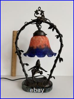 Andrea by Sadek Art Nouveau Figural Lamp Blue Orange Slag Glass Shade