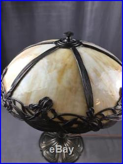 AntQ Large Art Nouveau Bradley Hubbard Curved 6 Panel Slag Glass 3 Light Lamp
