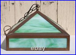 Antiq Arts & Crafts Era Hanging Light Lamp Copper Frame & Green Slag Glass c1910
