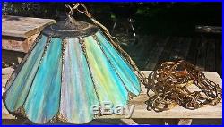 Antique 12 Panel European Hanging Lamp Rainbow Slag Glass Shade Light Chandelier