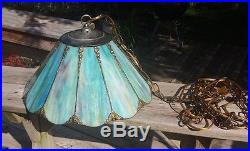 Antique 12 Panel European Hanging Lamp Rainbow Slag Glass Shade Light Chandelier