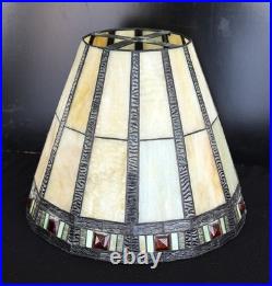 Antique 12 Panel Leaded Slag Glass Lamp Shade with Jeweled Border