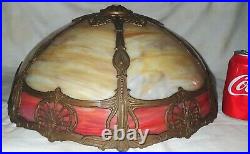 Antique 12 Panel Slag Art Glass Table Lamp Shade Caramel & Red Sconce Light USA