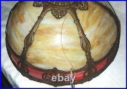 Antique 12 Panel Slag Art Glass Table Lamp Shade Caramel & Red Sconce Light USA