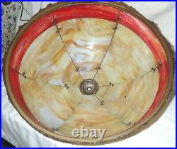 Antique 12 Panel Slag Art Glass Table Lamp Shade Caramel & Red Sconce Light USA