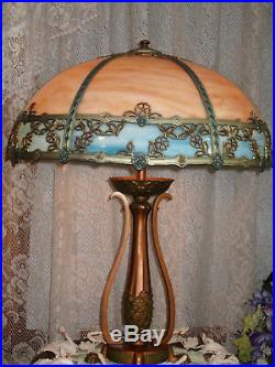Antique 12 Panel Slag Glass Electric Table Lamp