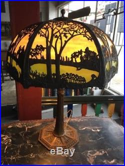 Antique 12 Panel Slag Glass Table Lamp