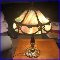 Antique 12 Panel Slag Glass Two (2) Light Beaux Arts Parlor or Study Table Lamp