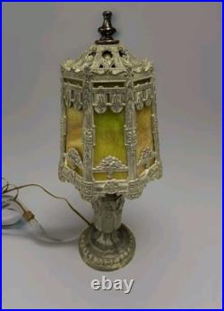 Antique 15 Boudoir Art Nouveau Paneled Slag Glass Vanity Lamp READ